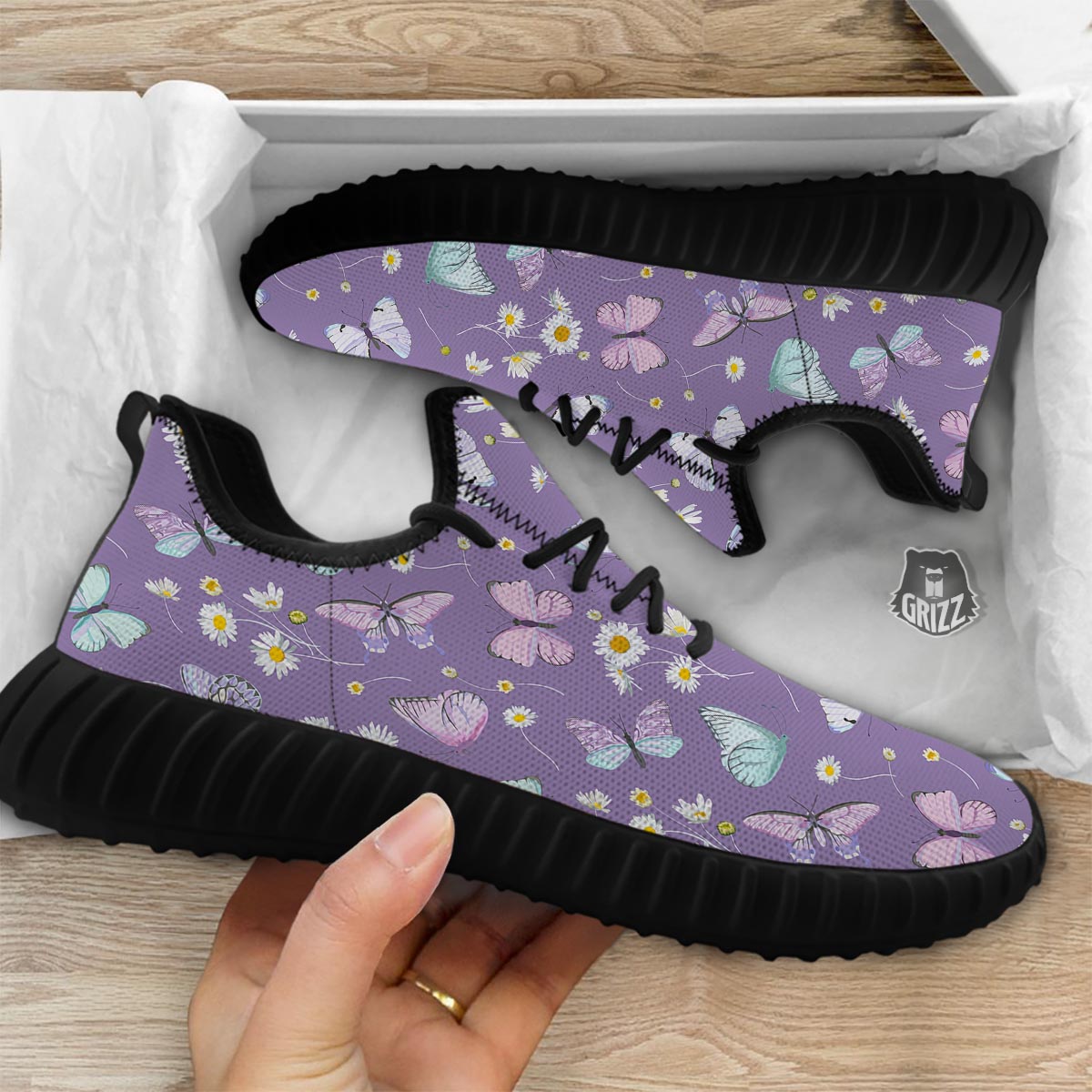 Butterfly Spring Print Pattern Black Walking Shoes-grizzshop