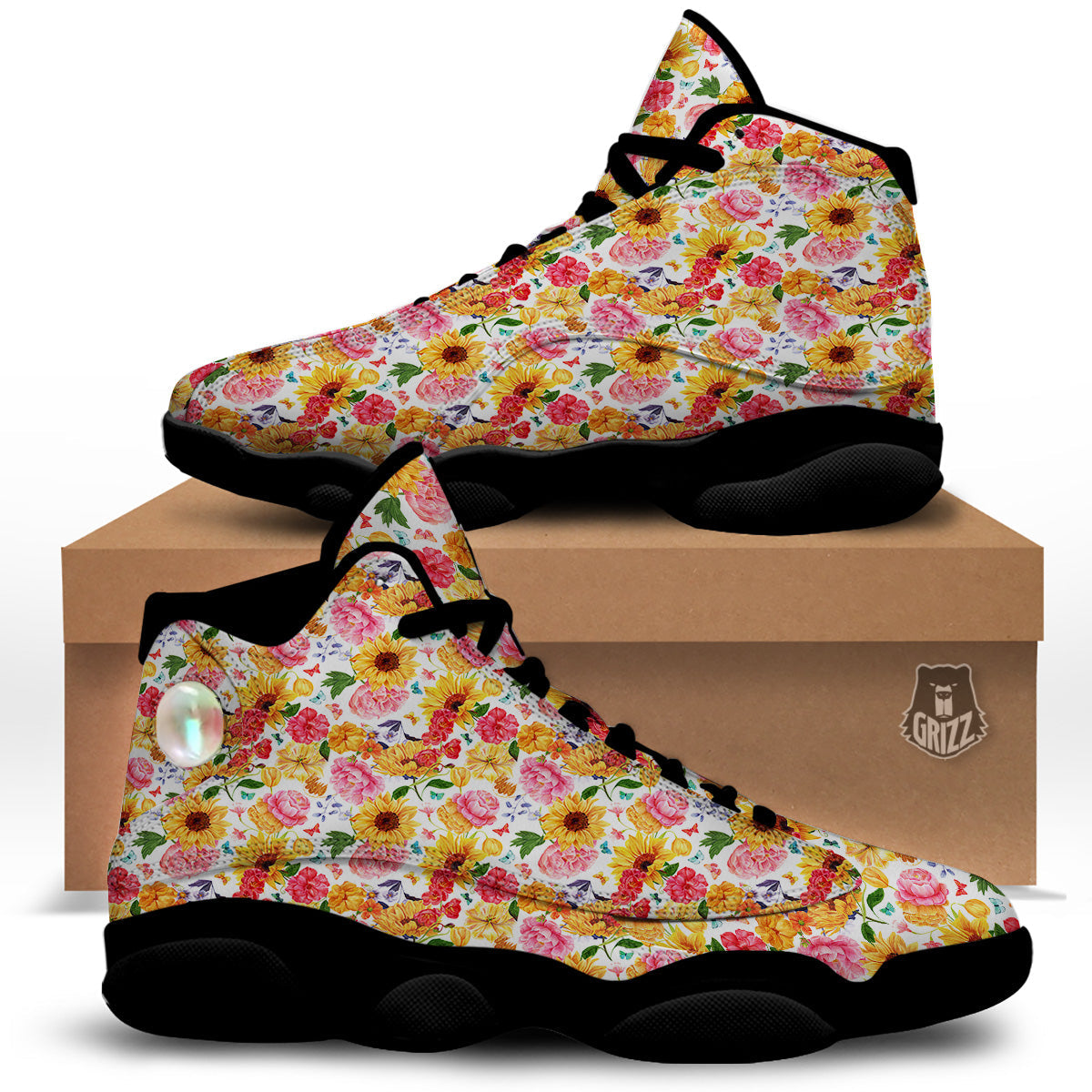 Butterfly Sunflowers Peonies Print Pattern Black Basketball Shoes-grizzshop