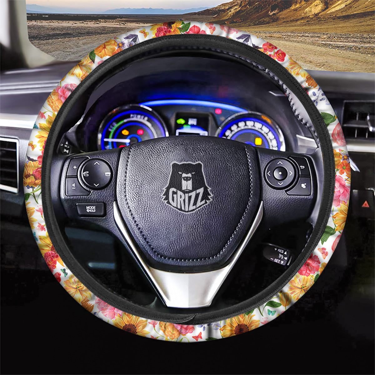 Butterfly Sunflowers Peonies Print Pattern Car Steering Wheel Cover-grizzshop