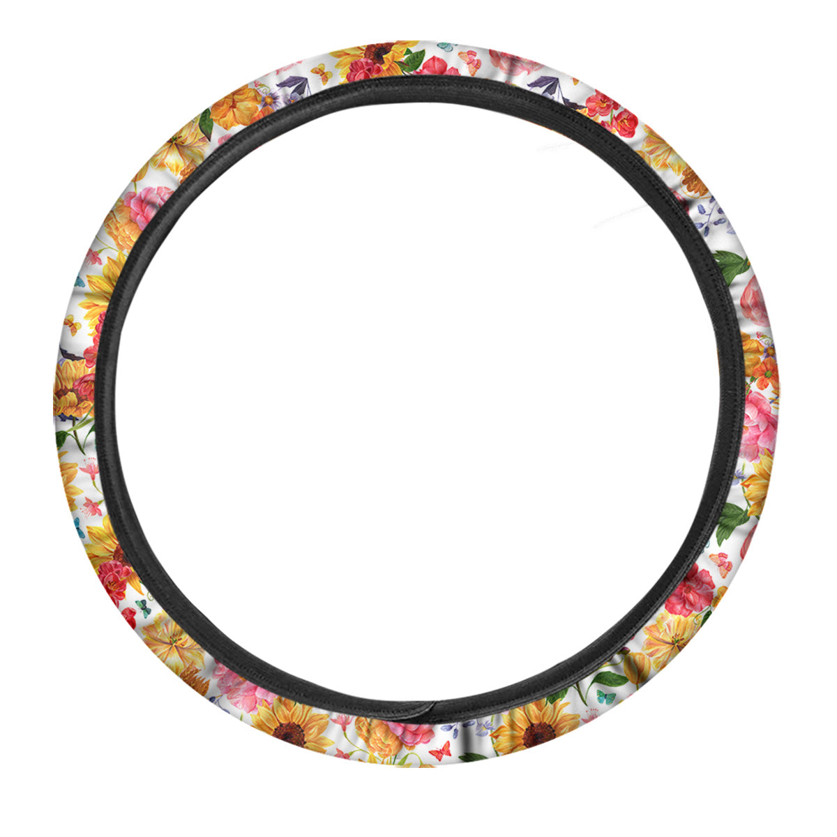 Butterfly Sunflowers Peonies Print Pattern Car Steering Wheel Cover-grizzshop