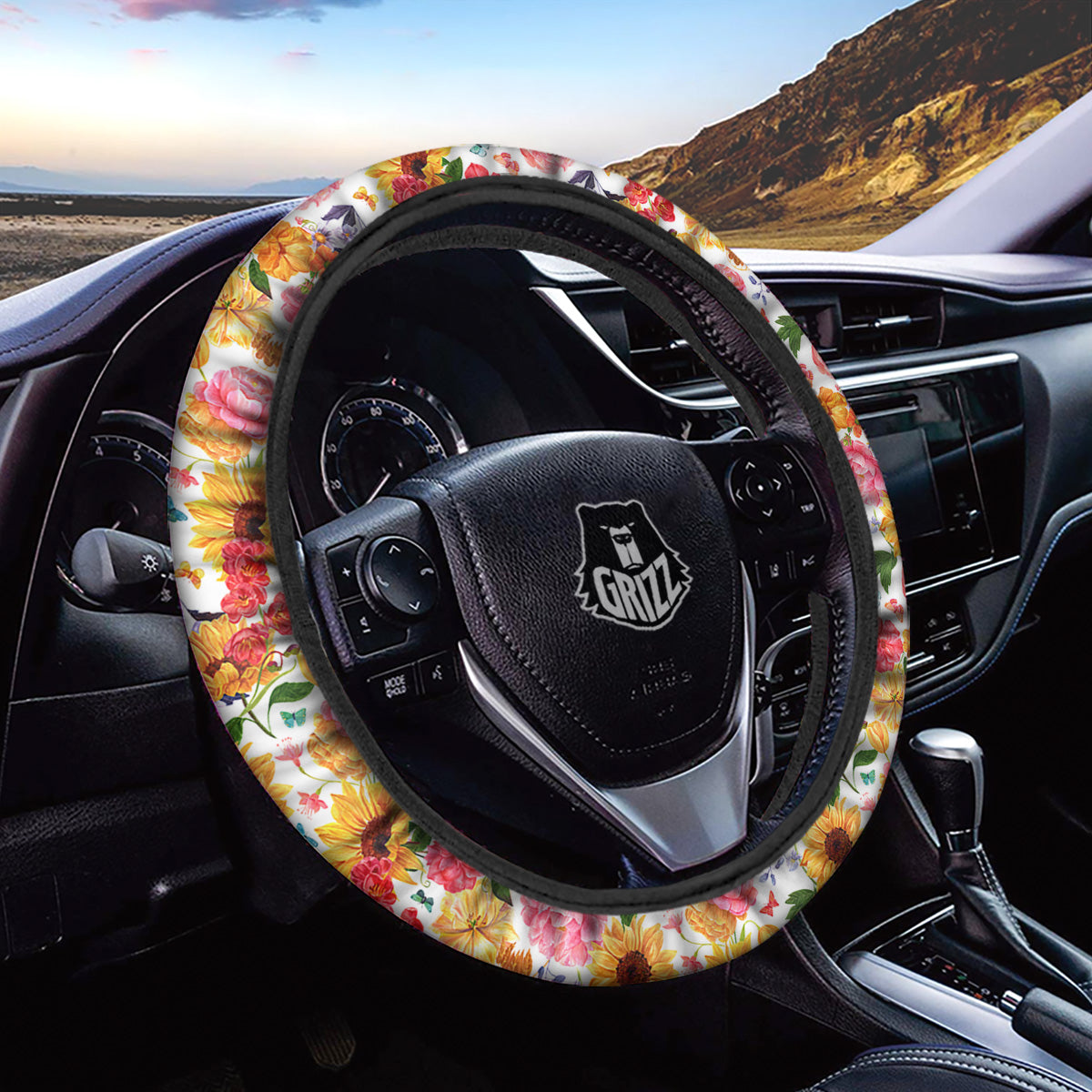 Butterfly Sunflowers Peonies Print Pattern Car Steering Wheel Cover-grizzshop
