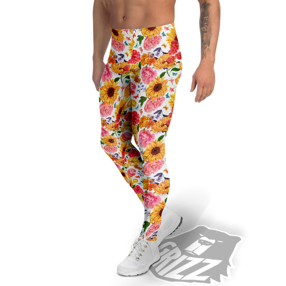 Butterfly Sunflowers Peonies Print Pattern Men's Leggings-grizzshop