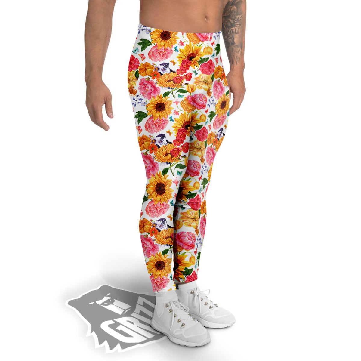 Butterfly Sunflowers Peonies Print Pattern Men's Leggings-grizzshop