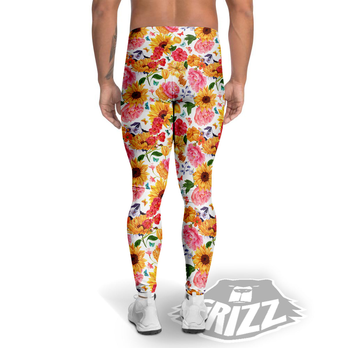 Butterfly Sunflowers Peonies Print Pattern Men's Leggings-grizzshop