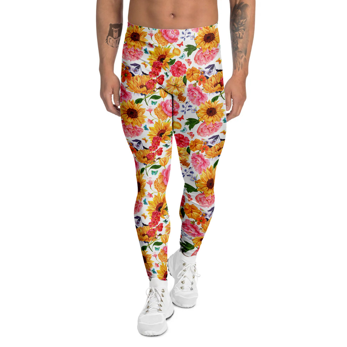 Butterfly Sunflowers Peonies Print Pattern Men's Leggings-grizzshop
