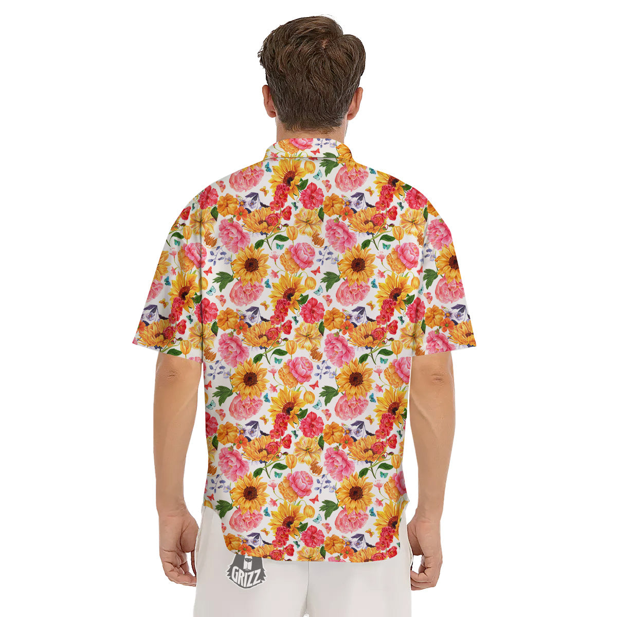 Butterfly Sunflowers Peonies Print Pattern Men's Short Sleeve Shirts-grizzshop