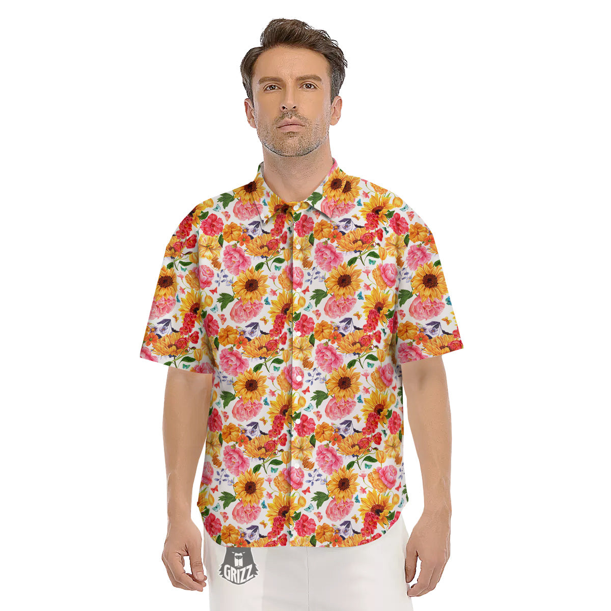 Butterfly Sunflowers Peonies Print Pattern Men's Short Sleeve Shirts-grizzshop