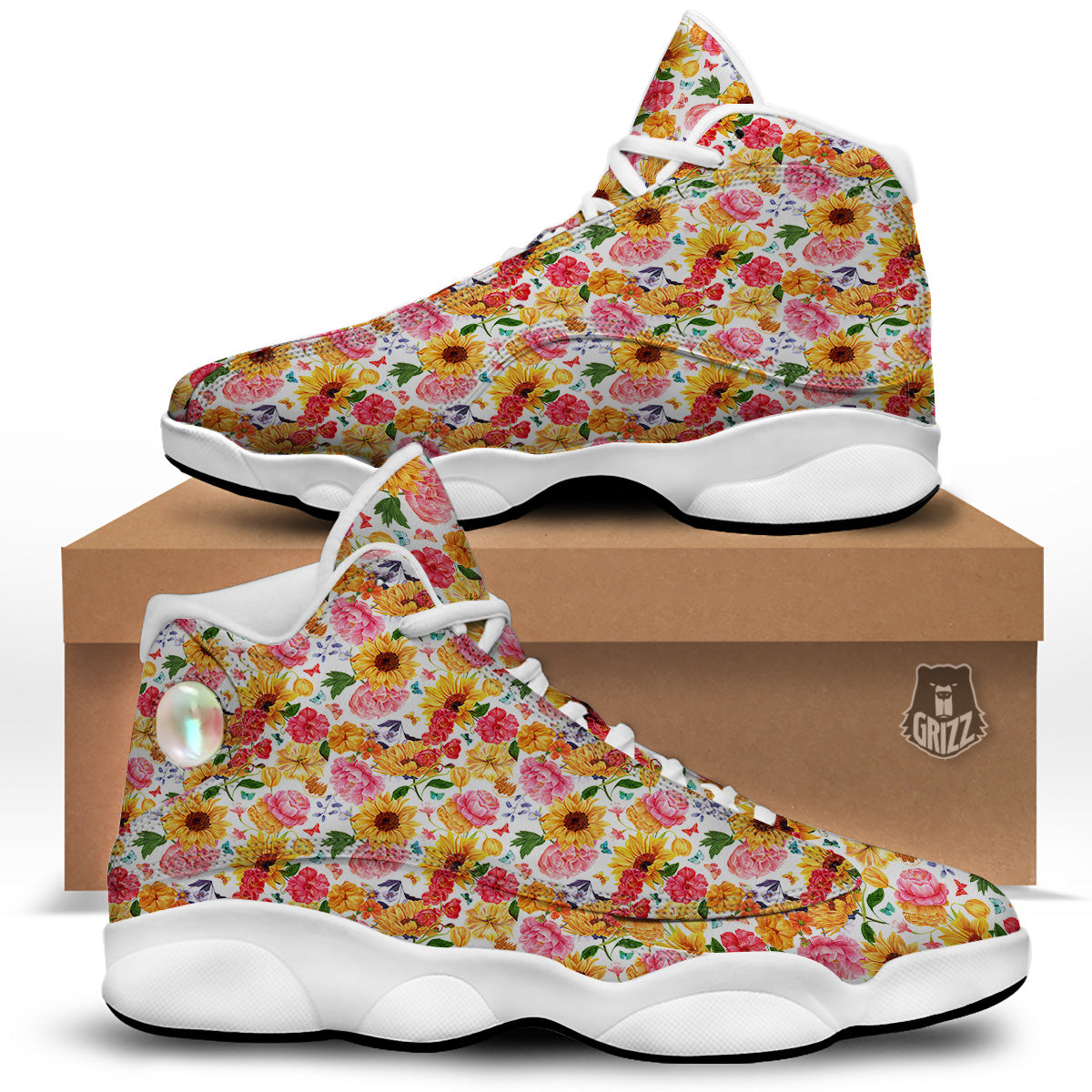 Butterfly Sunflowers Peonies Print Pattern White Basketball Shoes-grizzshop