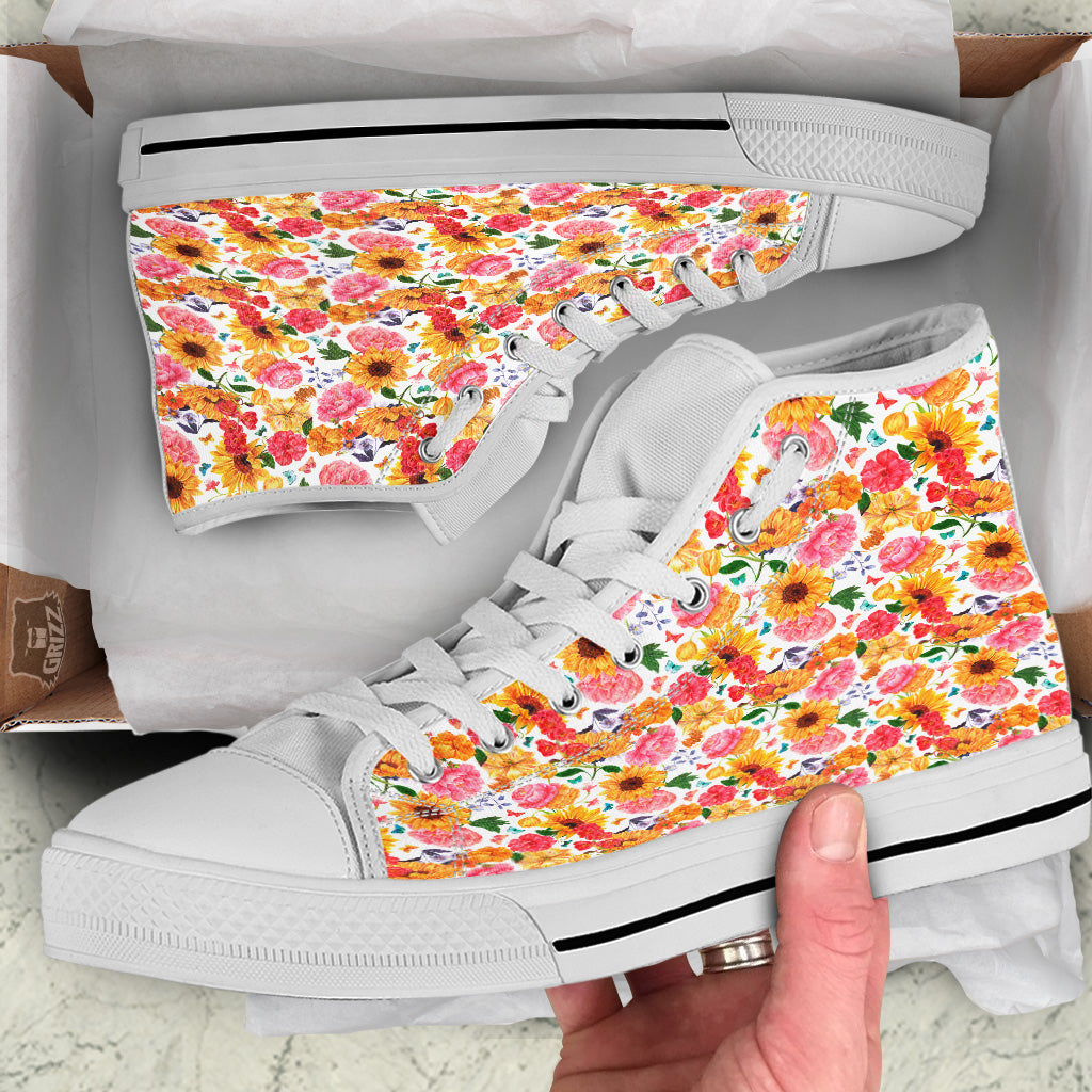 Butterfly Sunflowers Peonies Print Pattern White High Top Shoes-grizzshop