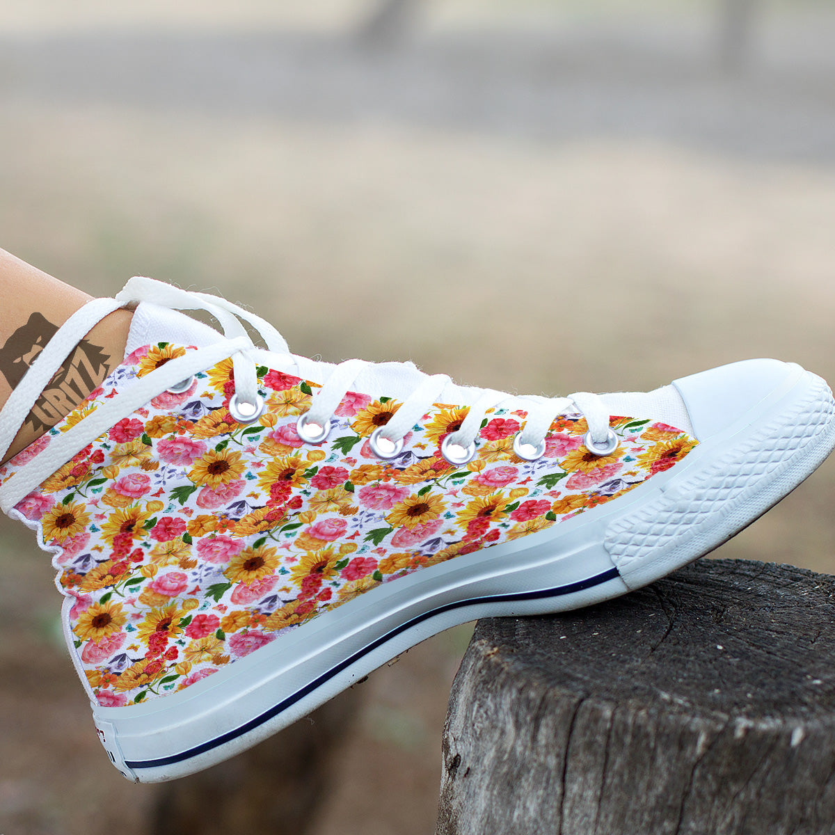Butterfly Sunflowers Peonies Print Pattern White High Top Shoes-grizzshop