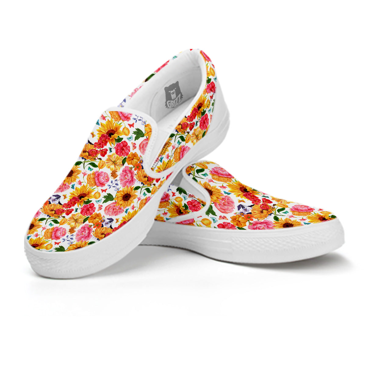 Butterfly Sunflowers Peonies Print Pattern White Slip On Shoes-grizzshop