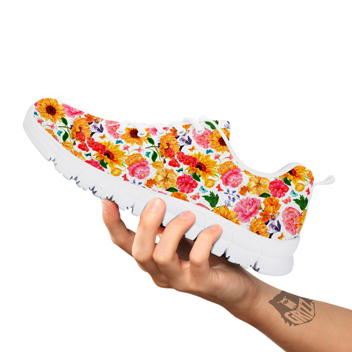 Butterfly Sunflowers Peonies Print Pattern White Sneaker-grizzshop