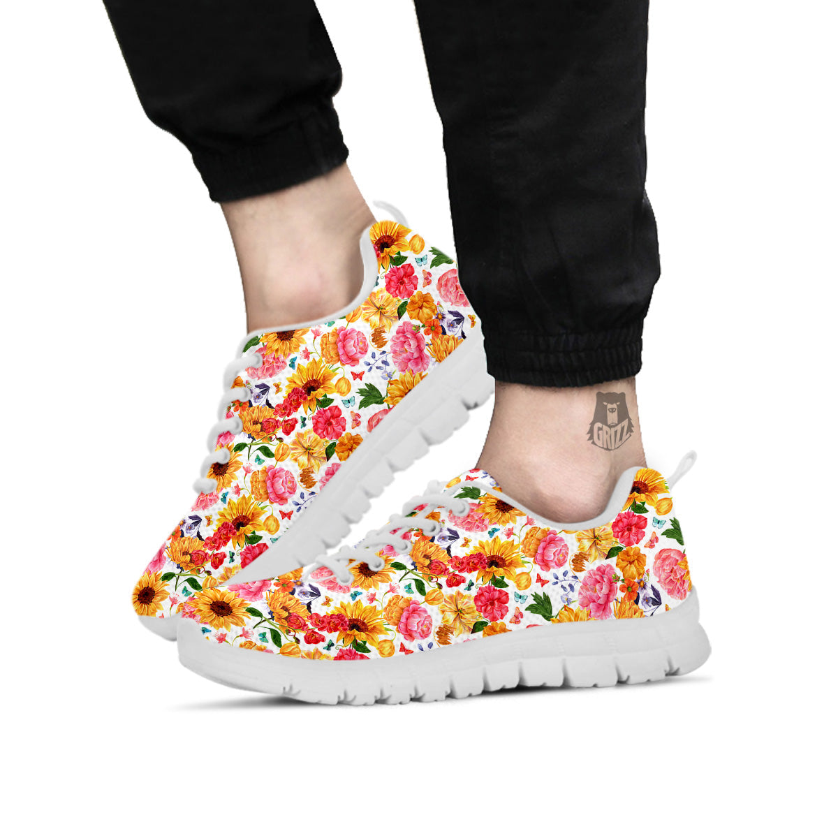 Butterfly Sunflowers Peonies Print Pattern White Sneaker-grizzshop