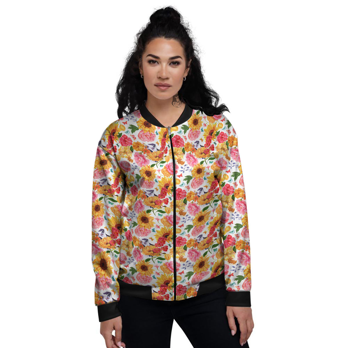 Butterfly Sunflowers Peonies Print Pattern Women's Bomber Jacket-grizzshop