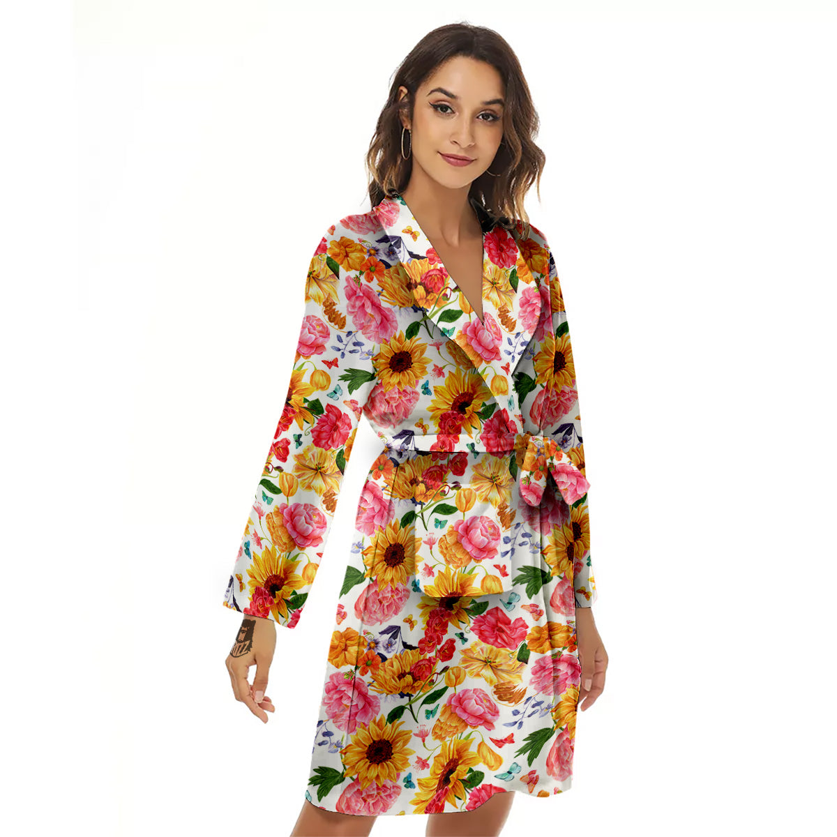 Butterfly Sunflowers Peonies Print Pattern Women's Robe-grizzshop