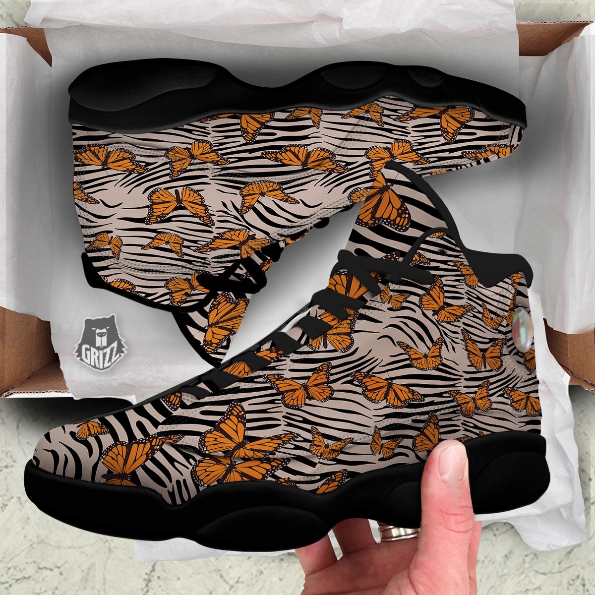 Butterfly Tiger Monarch Print Pattern Black Basketball Shoes-grizzshop