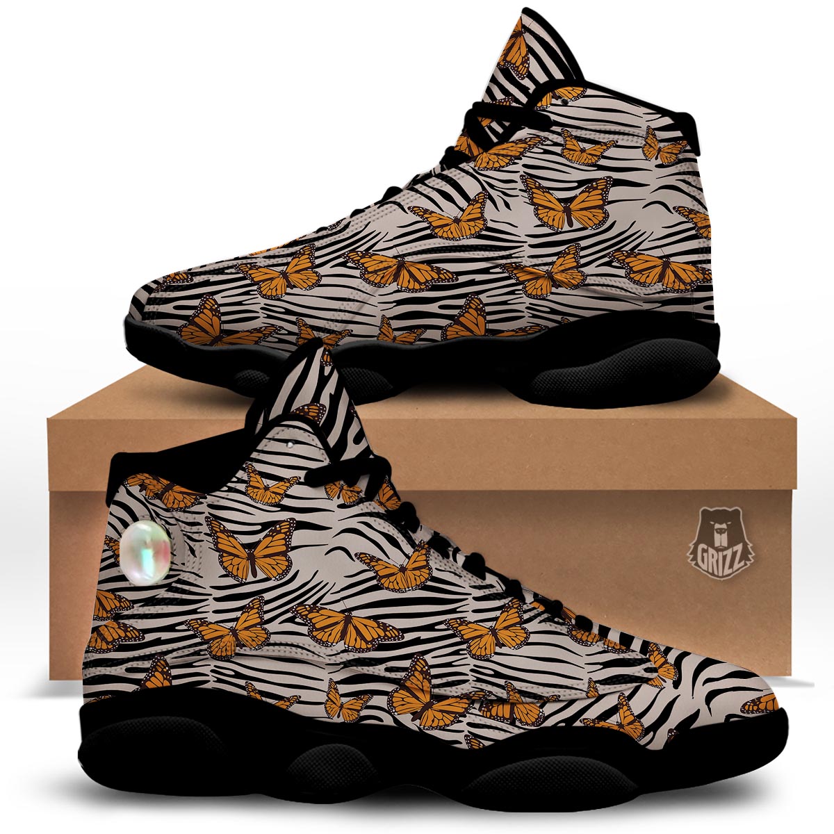 Butterfly Tiger Monarch Print Pattern Black Basketball Shoes-grizzshop