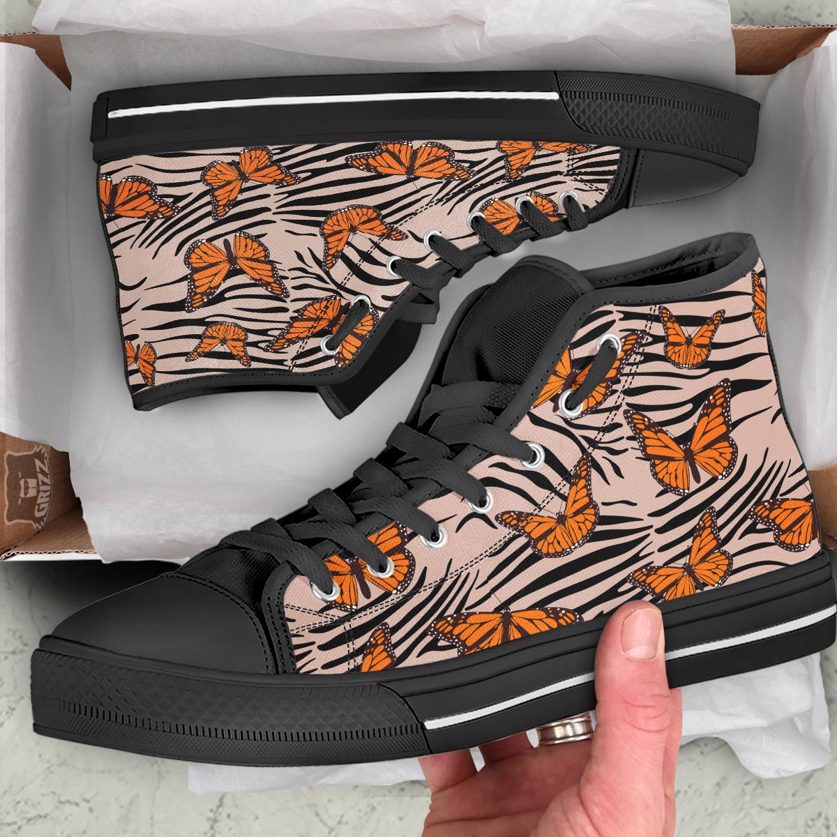 Butterfly Tiger Monarch Print Pattern Black High Top Shoes-grizzshop
