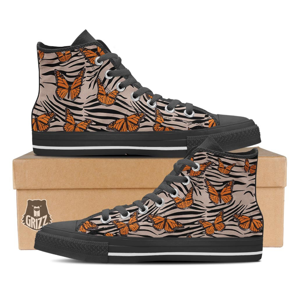 Butterfly Tiger Monarch Print Pattern Black High Top Shoes-grizzshop