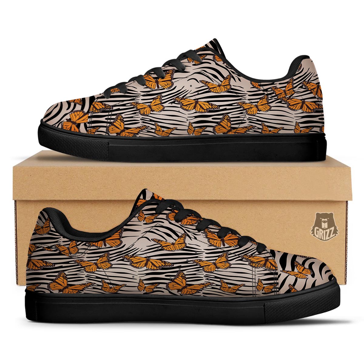Butterfly Tiger Monarch Print Pattern Black Low Top Sneakers-grizzshop