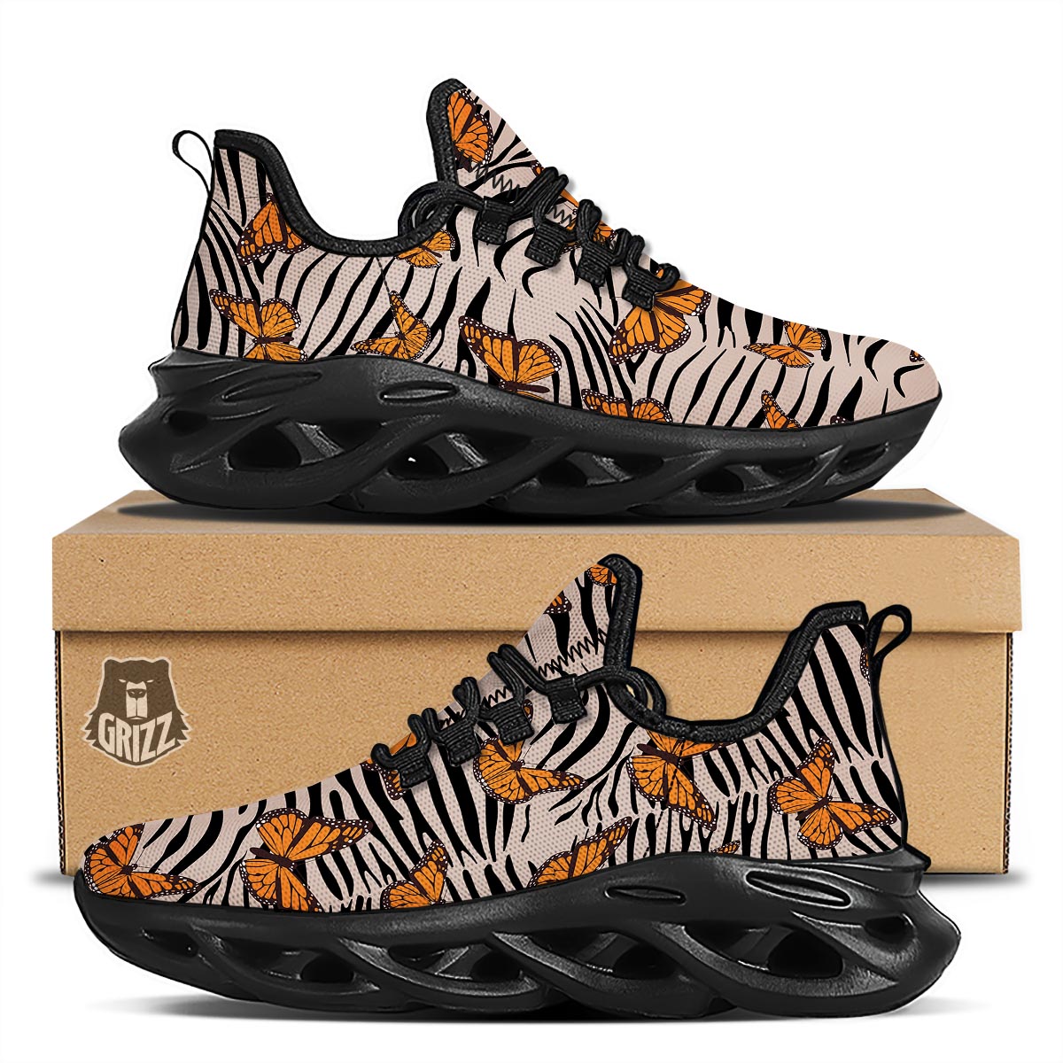 Butterfly Tiger Monarch Print Pattern Black Running Shoes-grizzshop