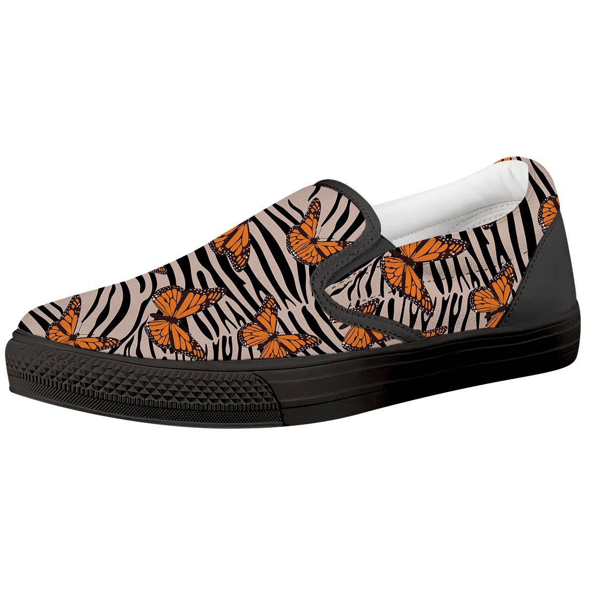 Butterfly Tiger Monarch Print Pattern Black Slip On Shoes-grizzshop