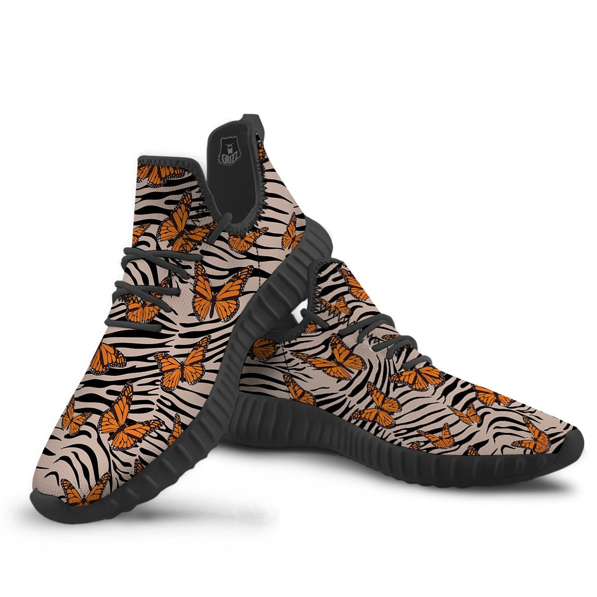 Butterfly Tiger Monarch Print Pattern Black Walking Shoes-grizzshop