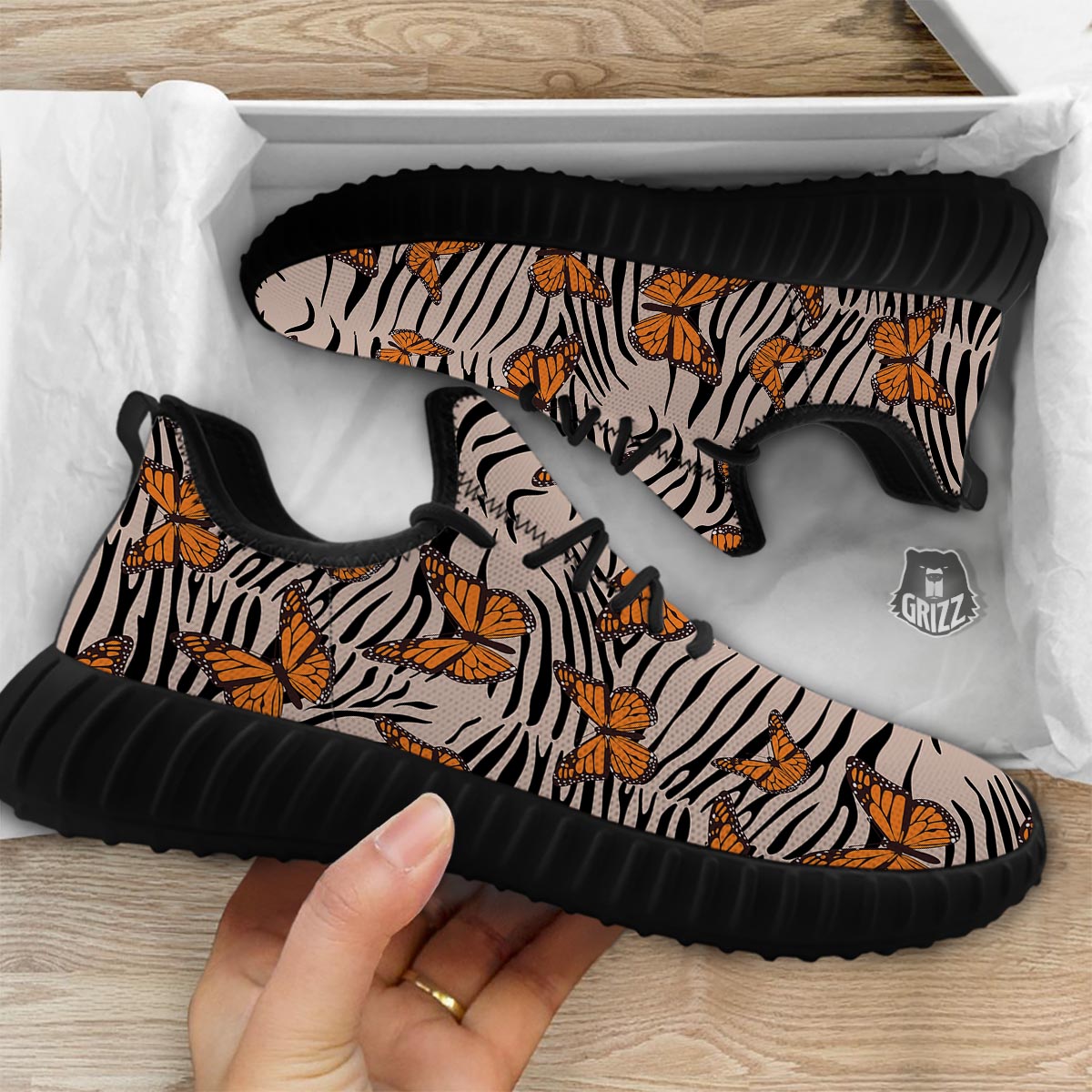 Butterfly Tiger Monarch Print Pattern Black Walking Shoes-grizzshop