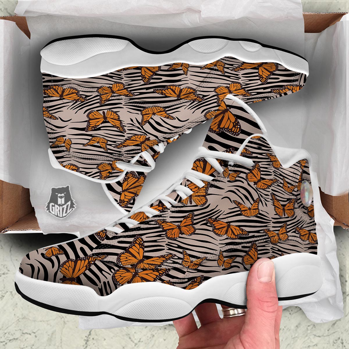 Butterfly Tiger Monarch Print Pattern White Basketball Shoes-grizzshop