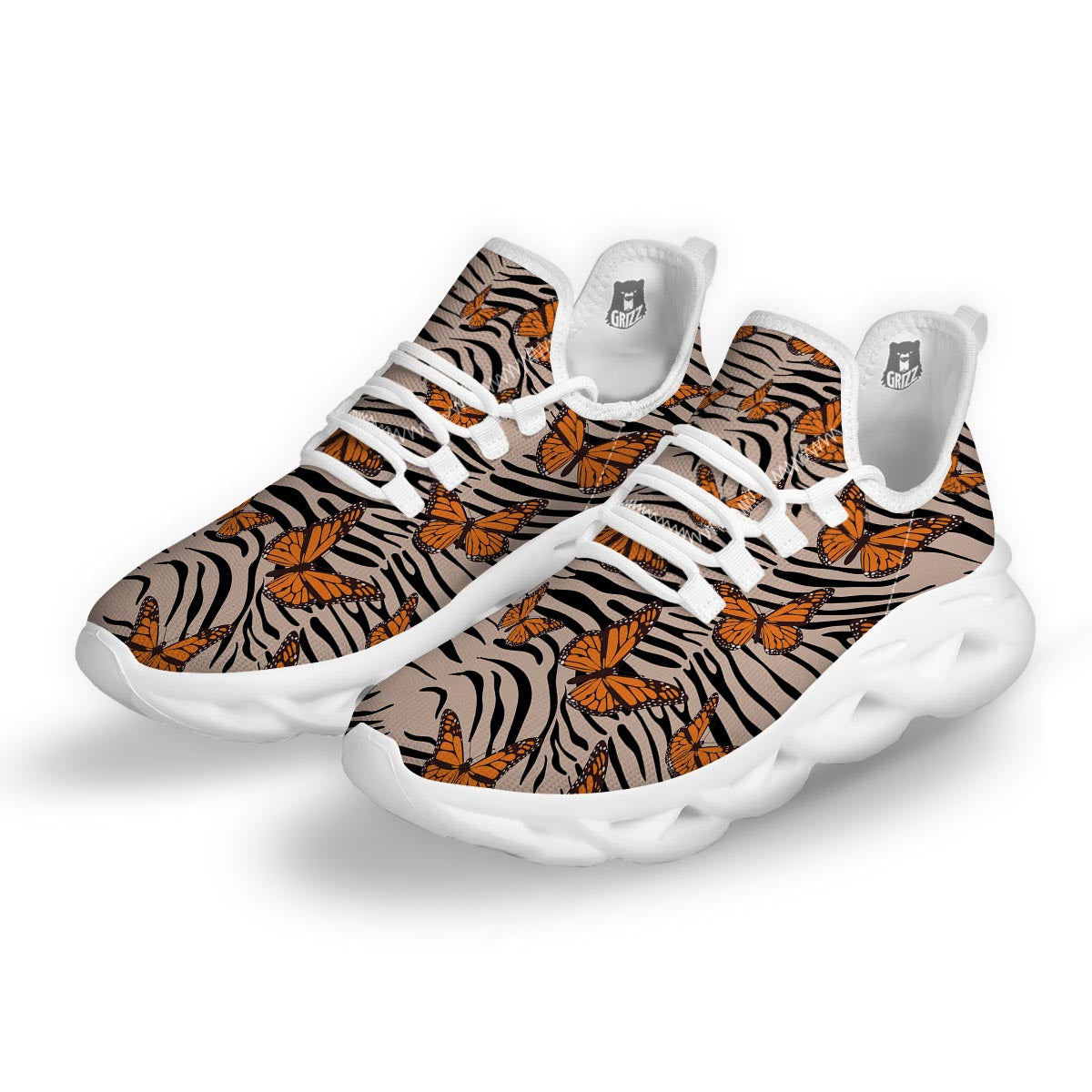 Butterfly Tiger Monarch Print Pattern White Running Shoes-grizzshop