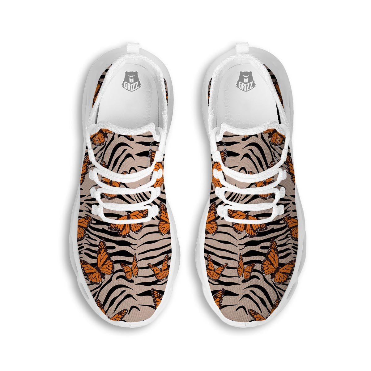 Butterfly Tiger Monarch Print Pattern White Running Shoes-grizzshop