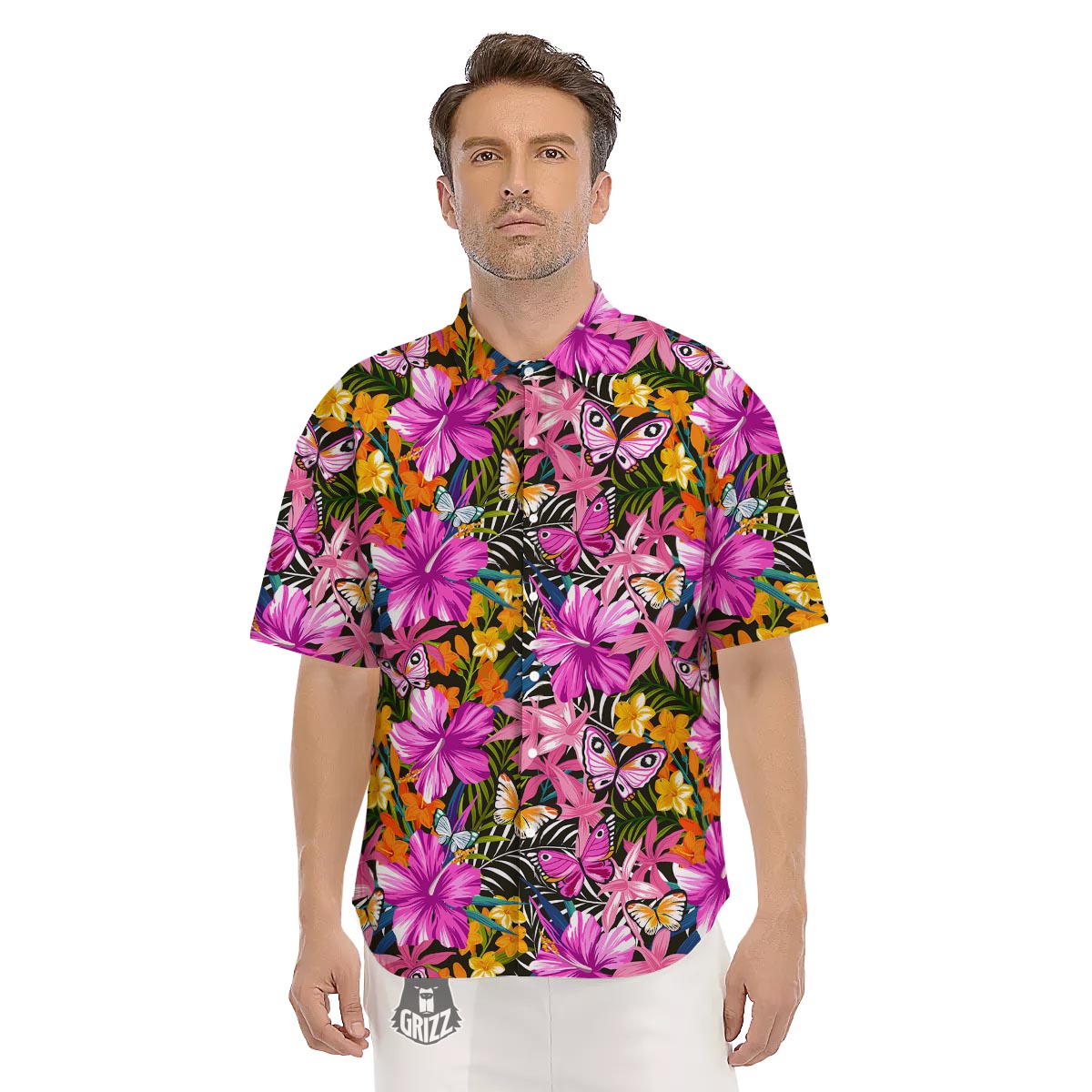 Butterfly Tropical Print Pattern Men's Short Sleeve Shirts-grizzshop