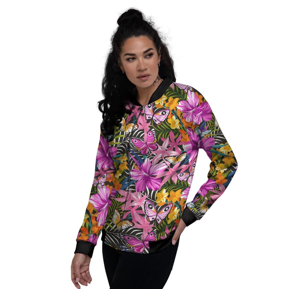 Butterfly Tropical Print Pattern Women's Bomber Jacket-grizzshop
