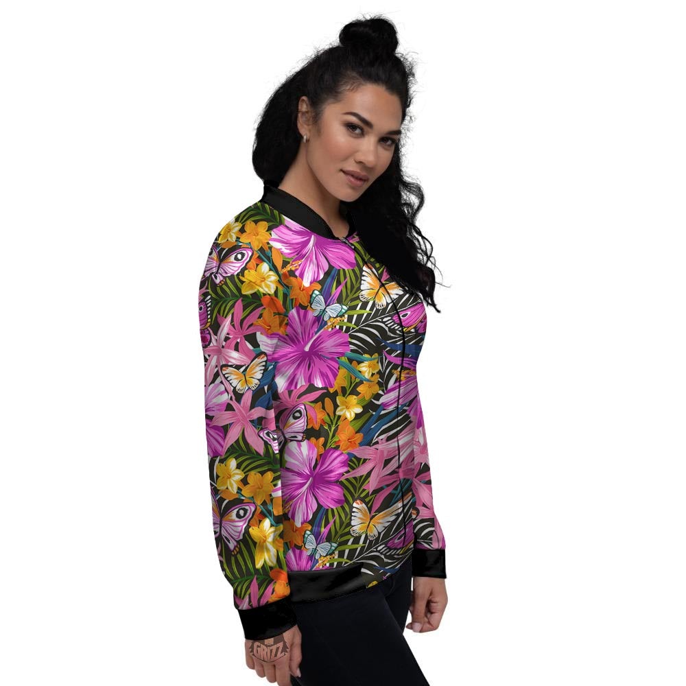 Butterfly Tropical Print Pattern Women's Bomber Jacket-grizzshop