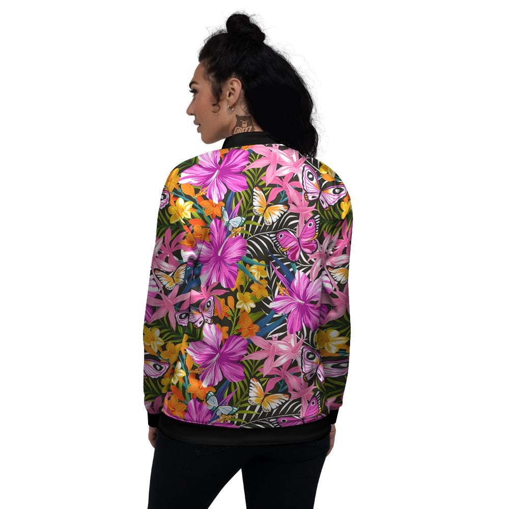 Butterfly Tropical Print Pattern Women's Bomber Jacket-grizzshop