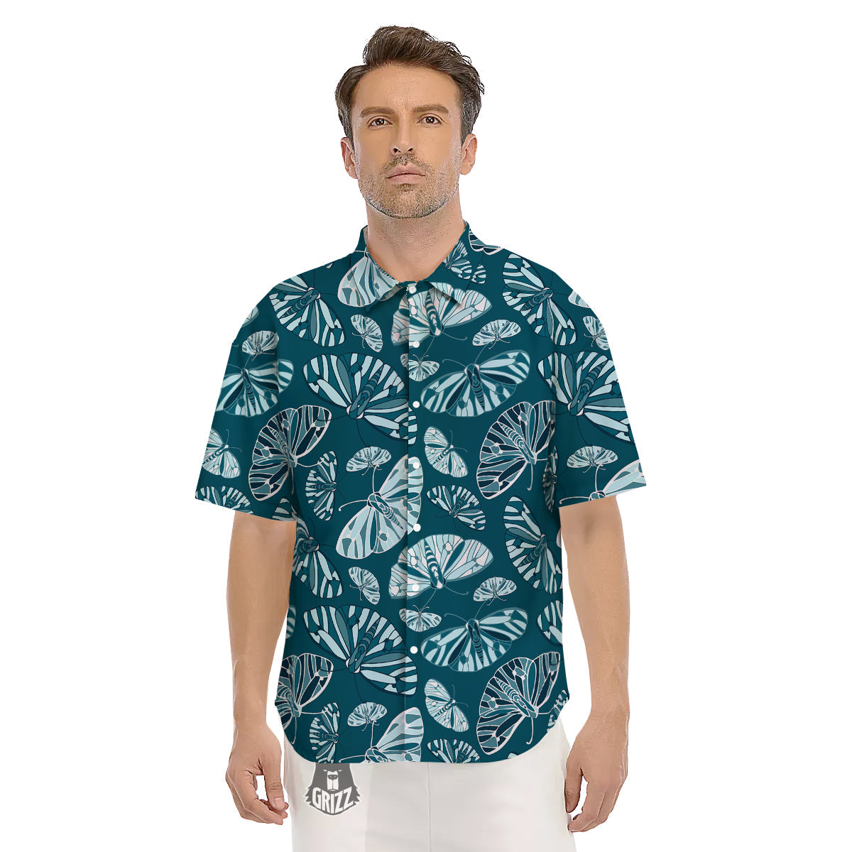 Butterfly Turquoise Print Pattern Men's Short Sleeve Shirts-grizzshop