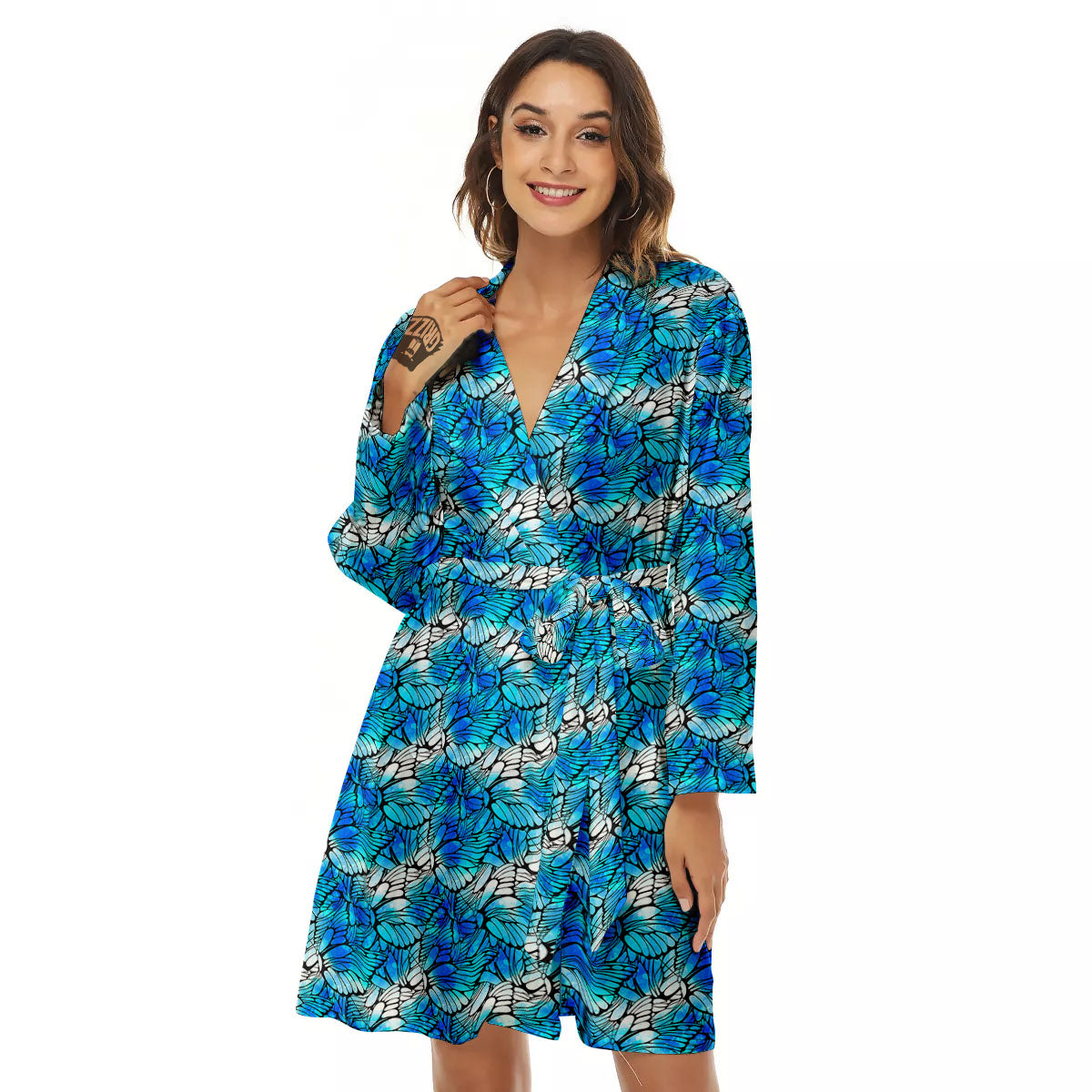 Butterfly Watercolor Blue Print Pattern Women's Robe-grizzshop