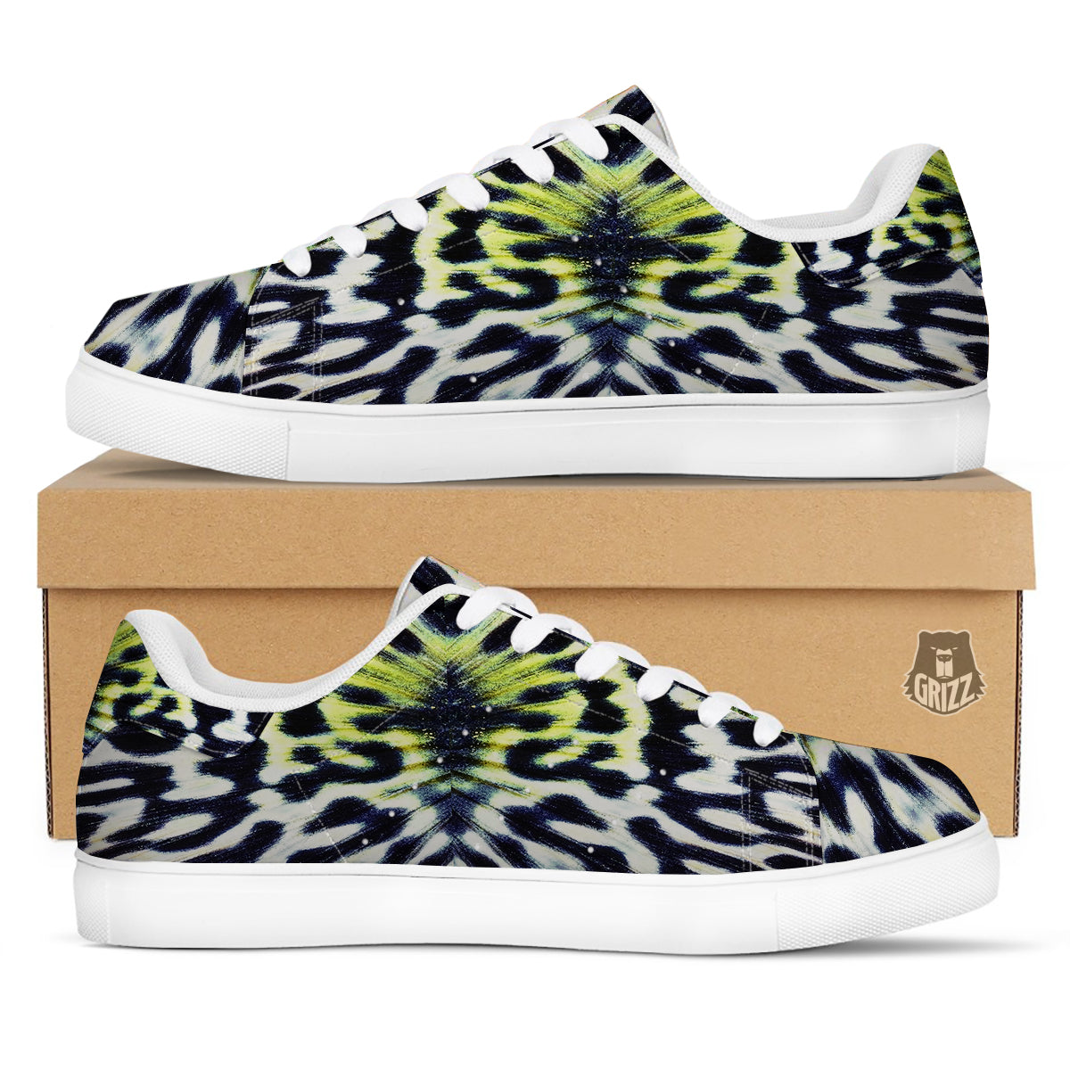 Butterfly Wing Skin Black White And Green Print White Low Top Sneakers-grizzshop