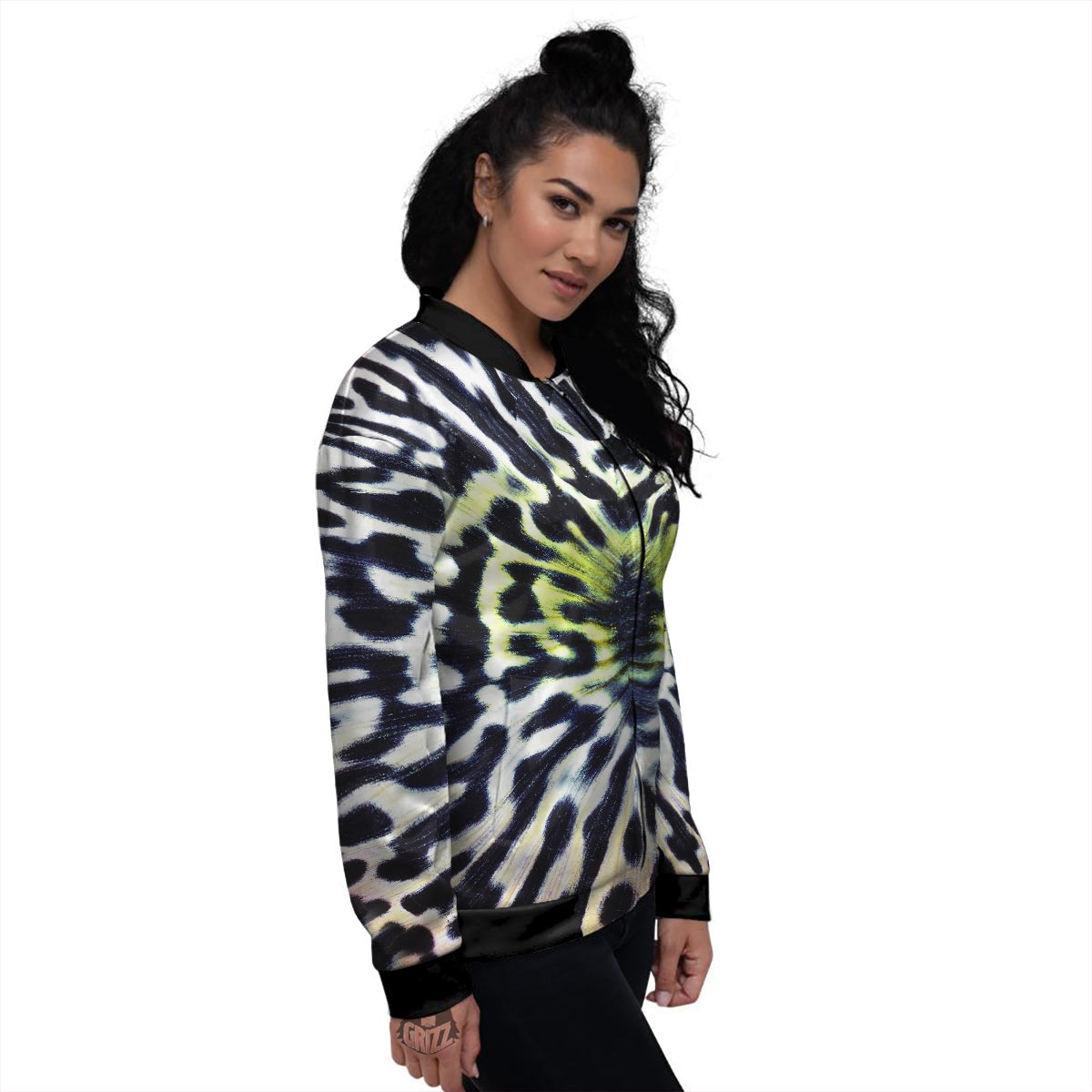 Butterfly Wing Skin Black White And Green Print Women's Bomber Jacket-grizzshop