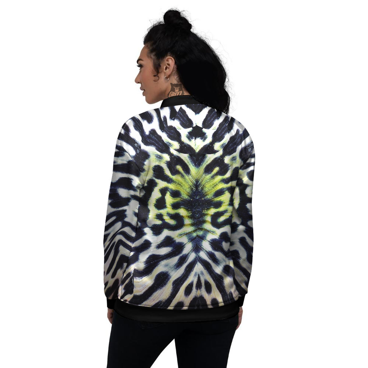 Butterfly Wing Skin Black White And Green Print Women's Bomber Jacket-grizzshop