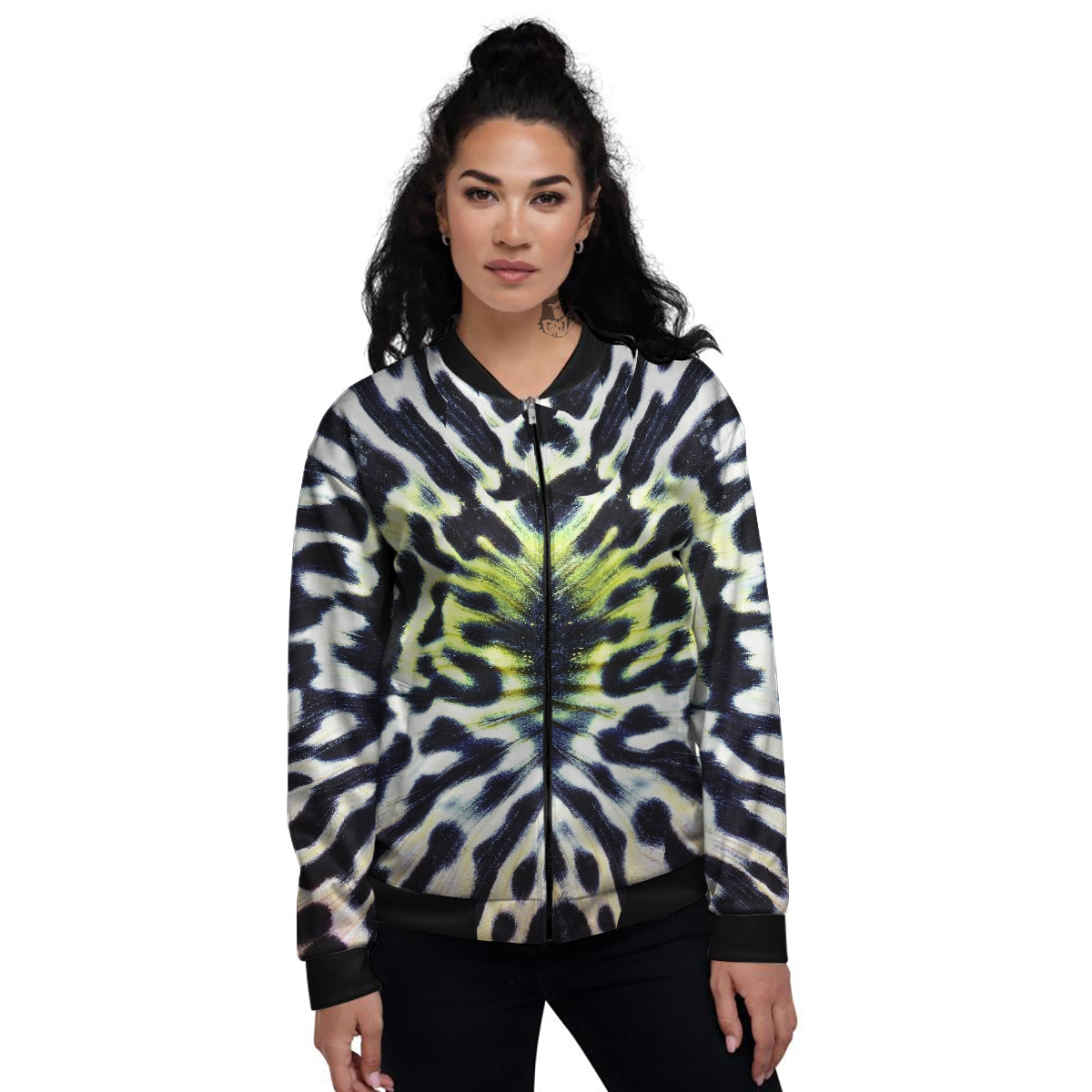 Butterfly Wing Skin Black White And Green Print Women's Bomber Jacket-grizzshop