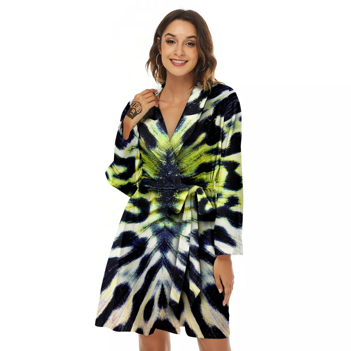 Butterfly Wing Skin Black White And Green Print Women's Robe-grizzshop