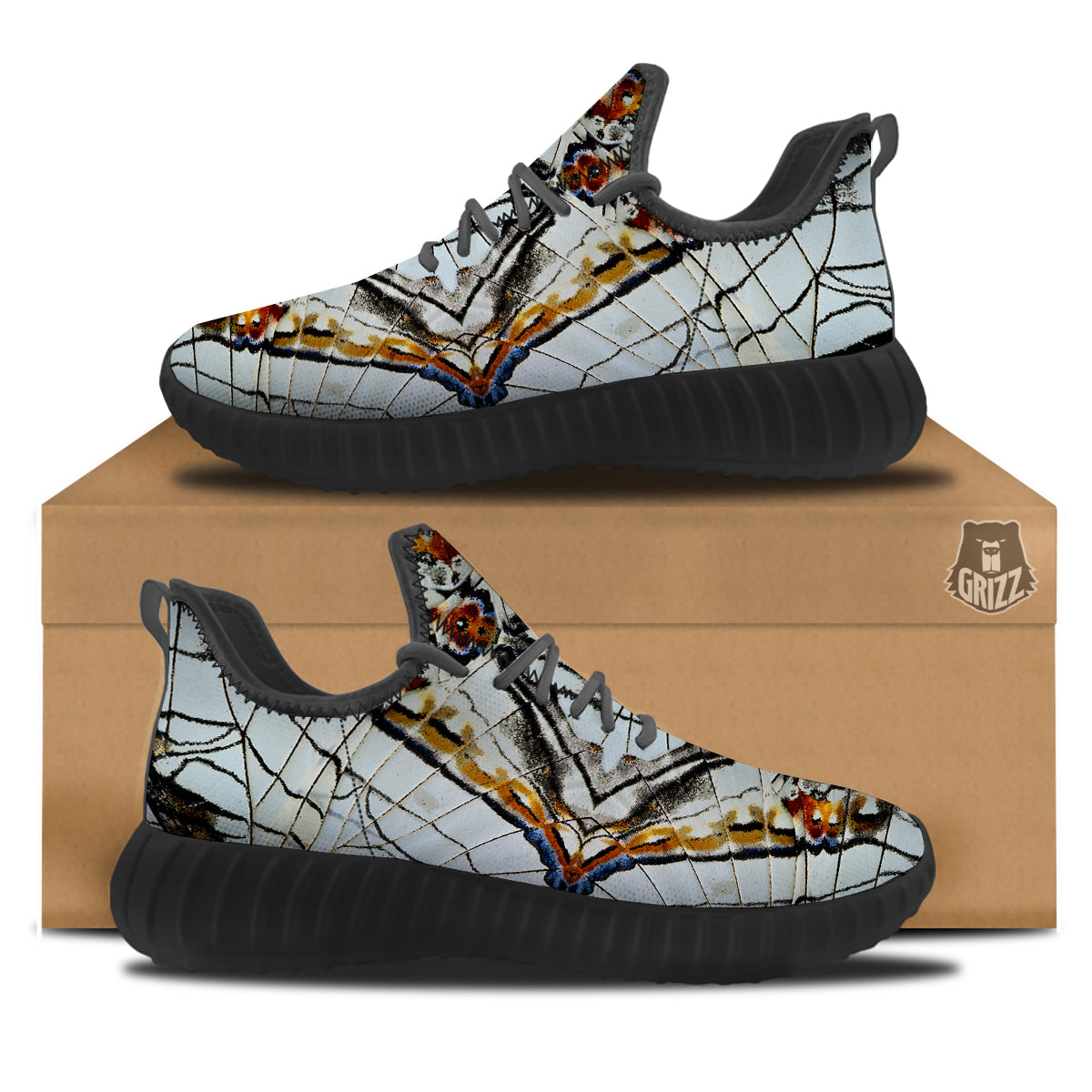 Butterfly Wing Skin Grey Print Black Walking Shoes-grizzshop