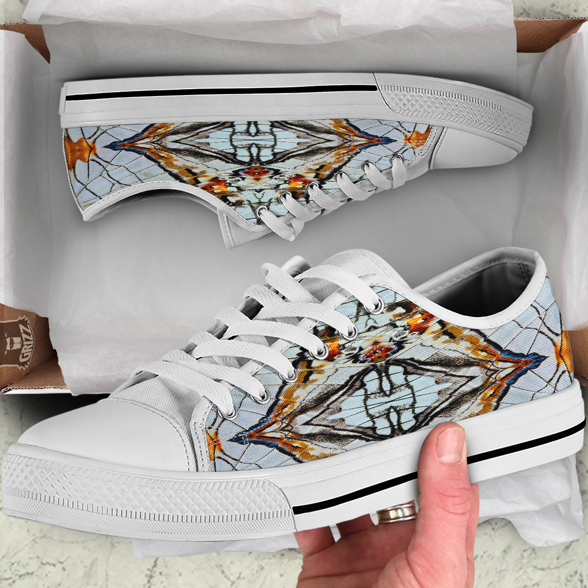 Butterfly Wing Skin Grey Print White Low Top Shoes-grizzshop