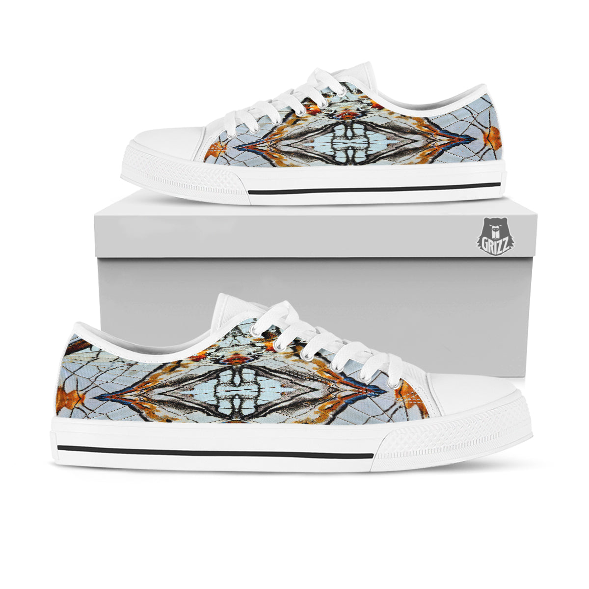 Butterfly Wing Skin Grey Print White Low Top Shoes-grizzshop