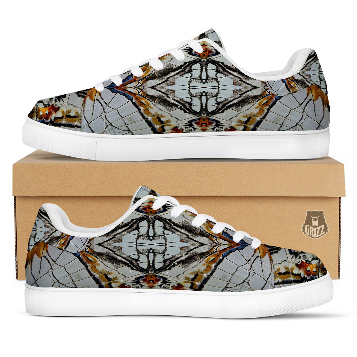 Butterfly Wing Skin Grey Print White Low Top Sneakers-grizzshop