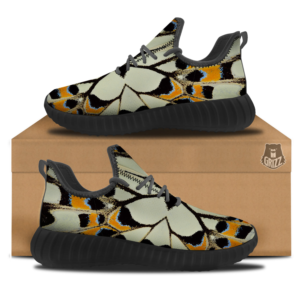 Butterfly Wing Skin White Orange Print Black Walking Shoes-grizzshop