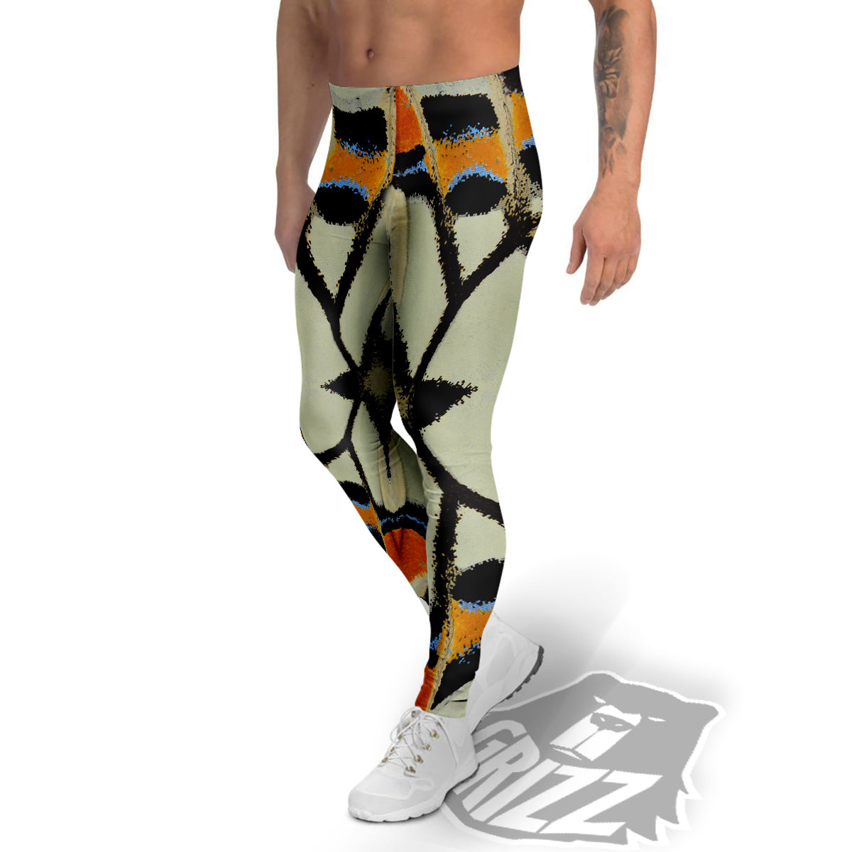 Butterfly Wing Skin White Orange Print Men's Leggings-grizzshop