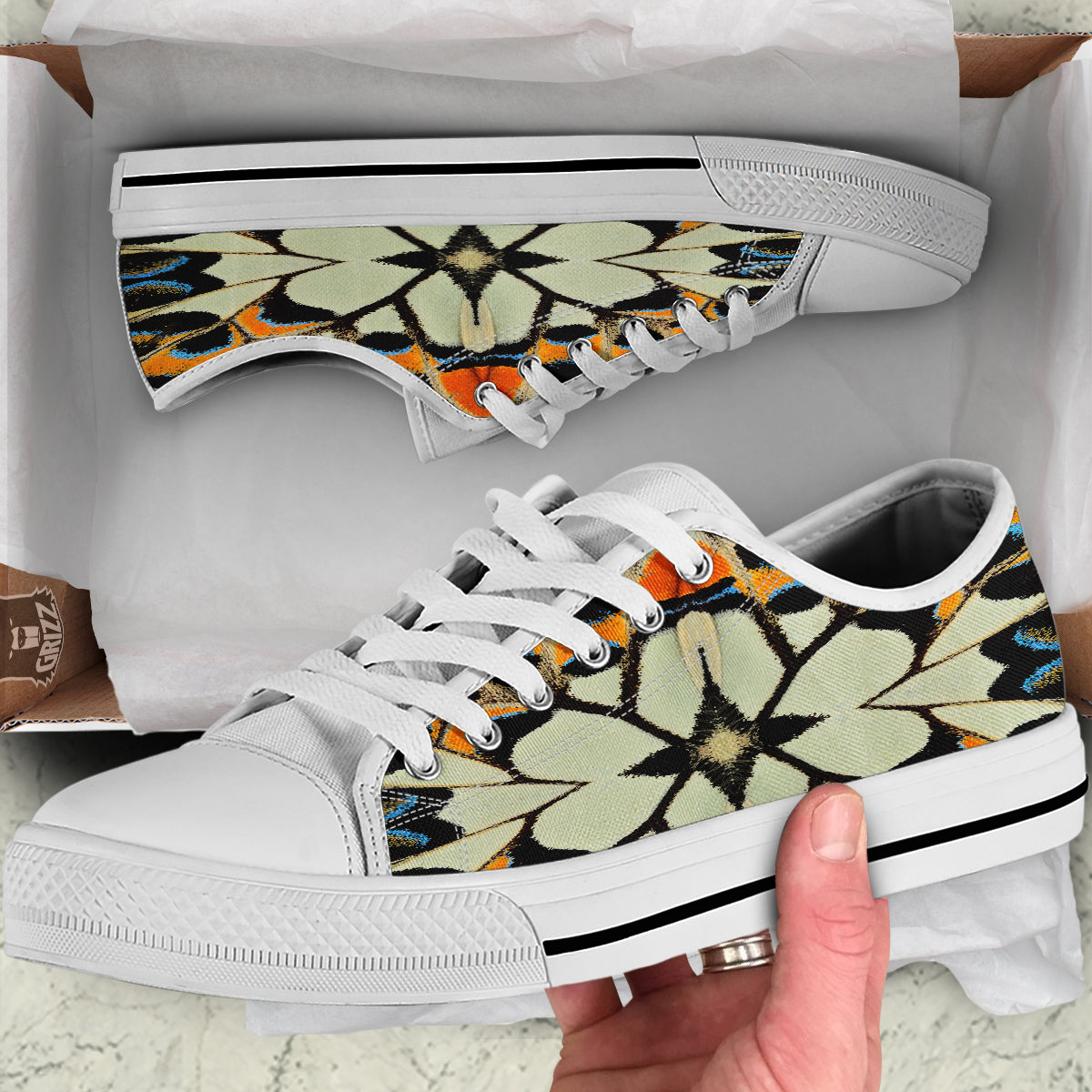Butterfly Wing Skin White Orange Print White Low Top Shoes-grizzshop