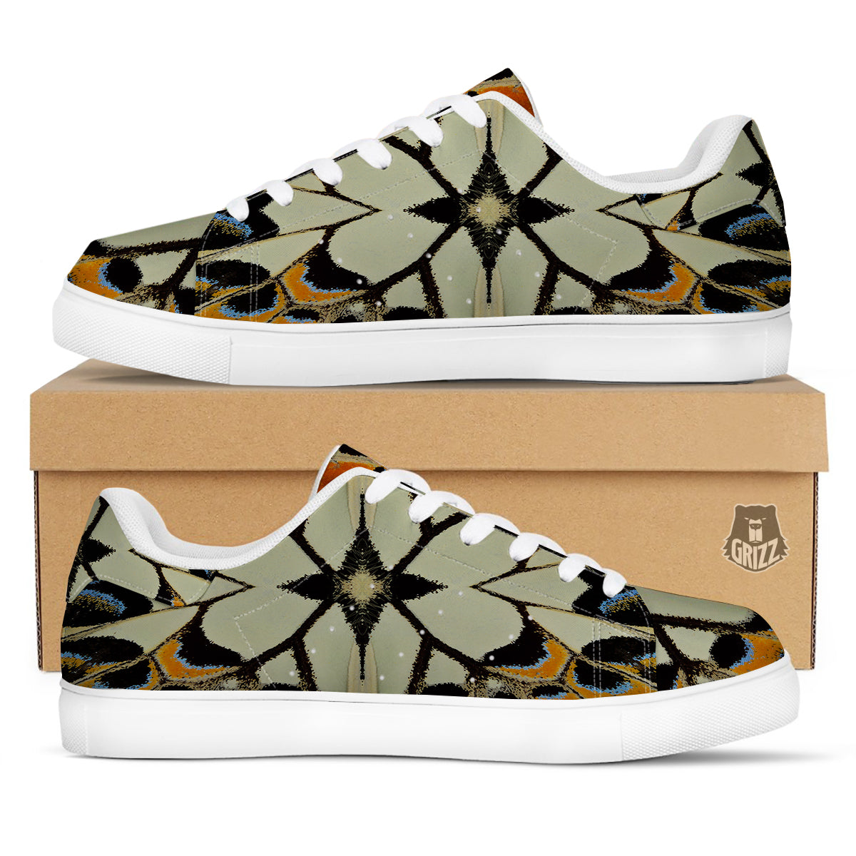 Butterfly Wing Skin White Orange Print White Low Top Sneakers-grizzshop
